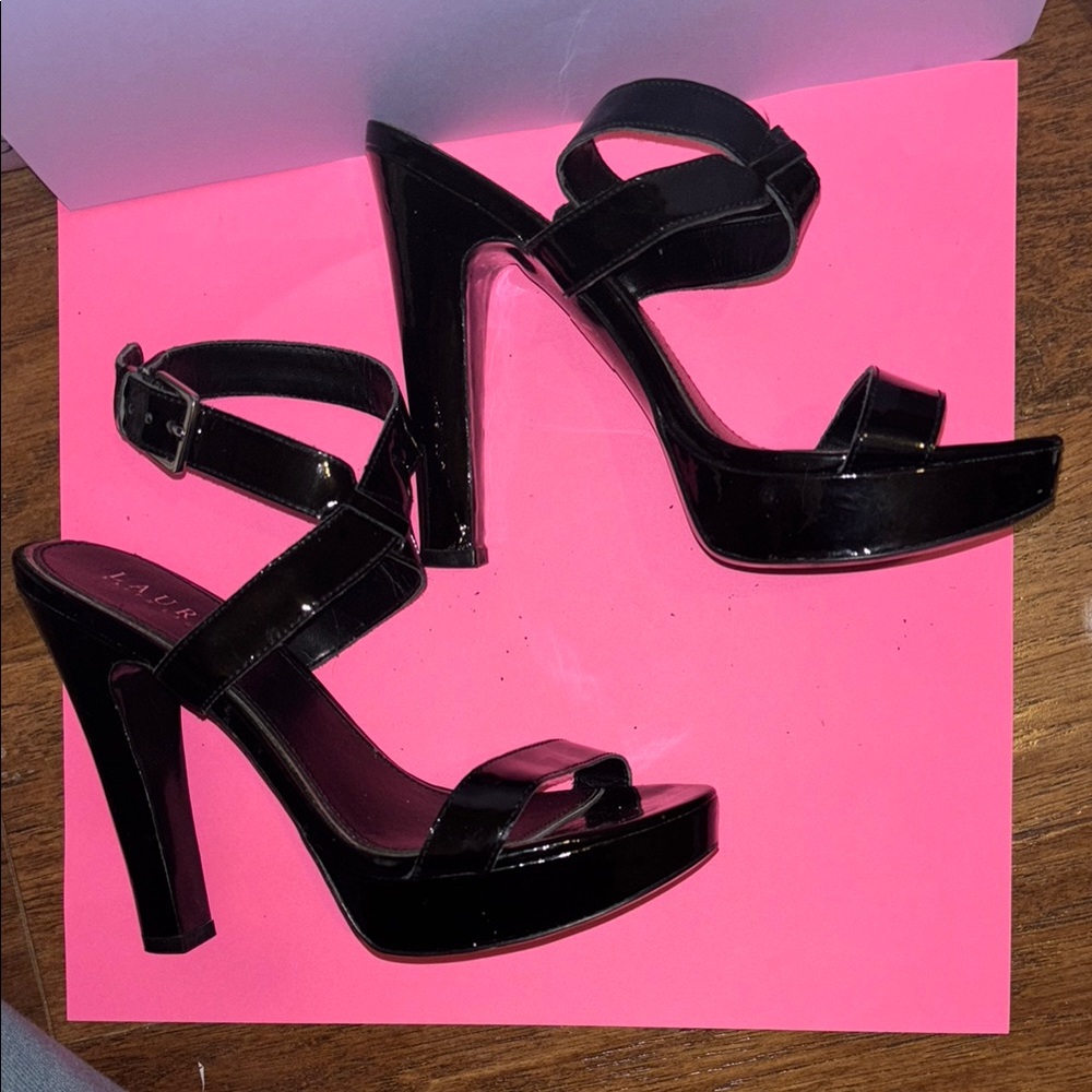 EUC Lauren Ralph Lauren Black Patent Leather Heels with Strap Around Ankle - Picture 3 of 7